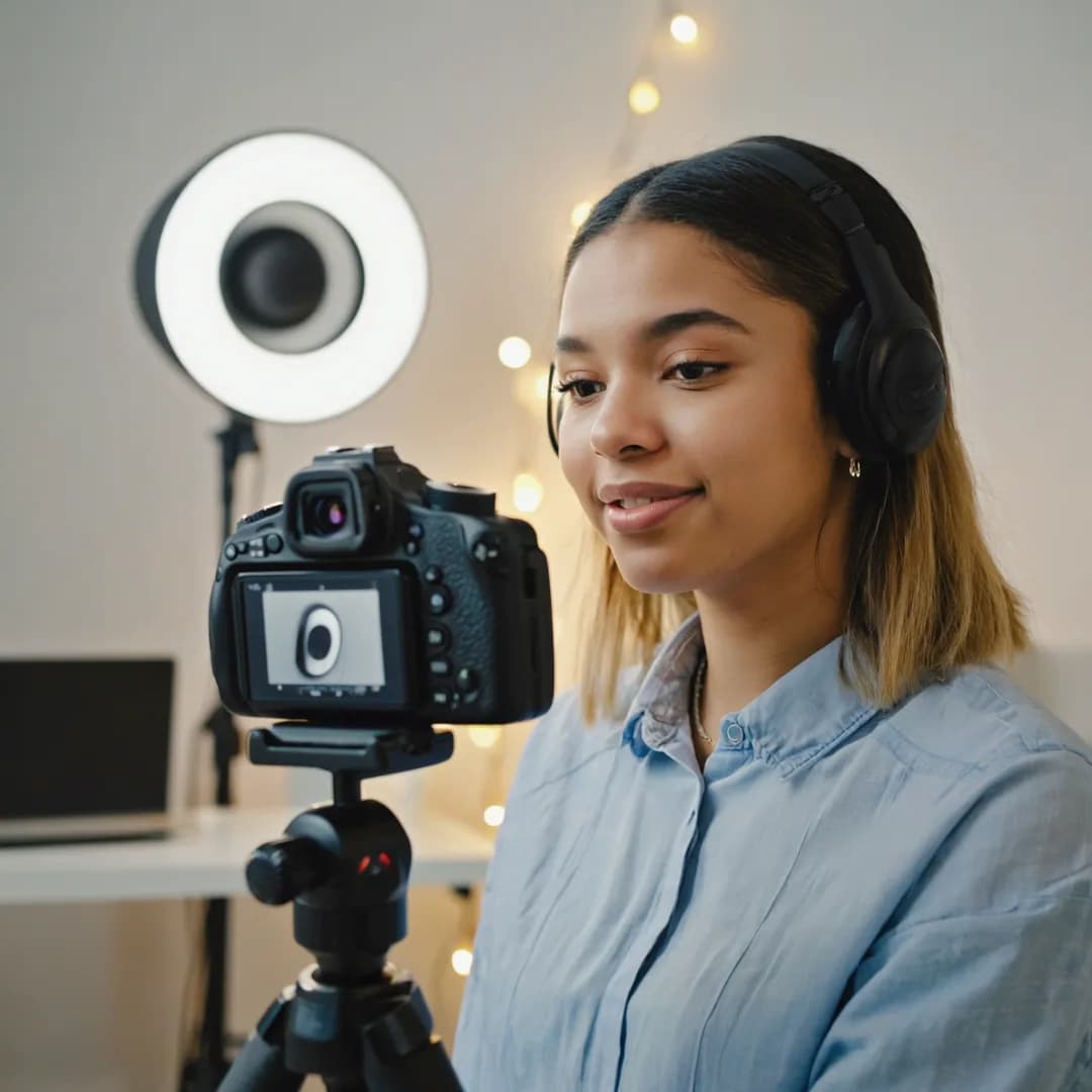 Content creator recording herself with a camera, ring light and lapel mic