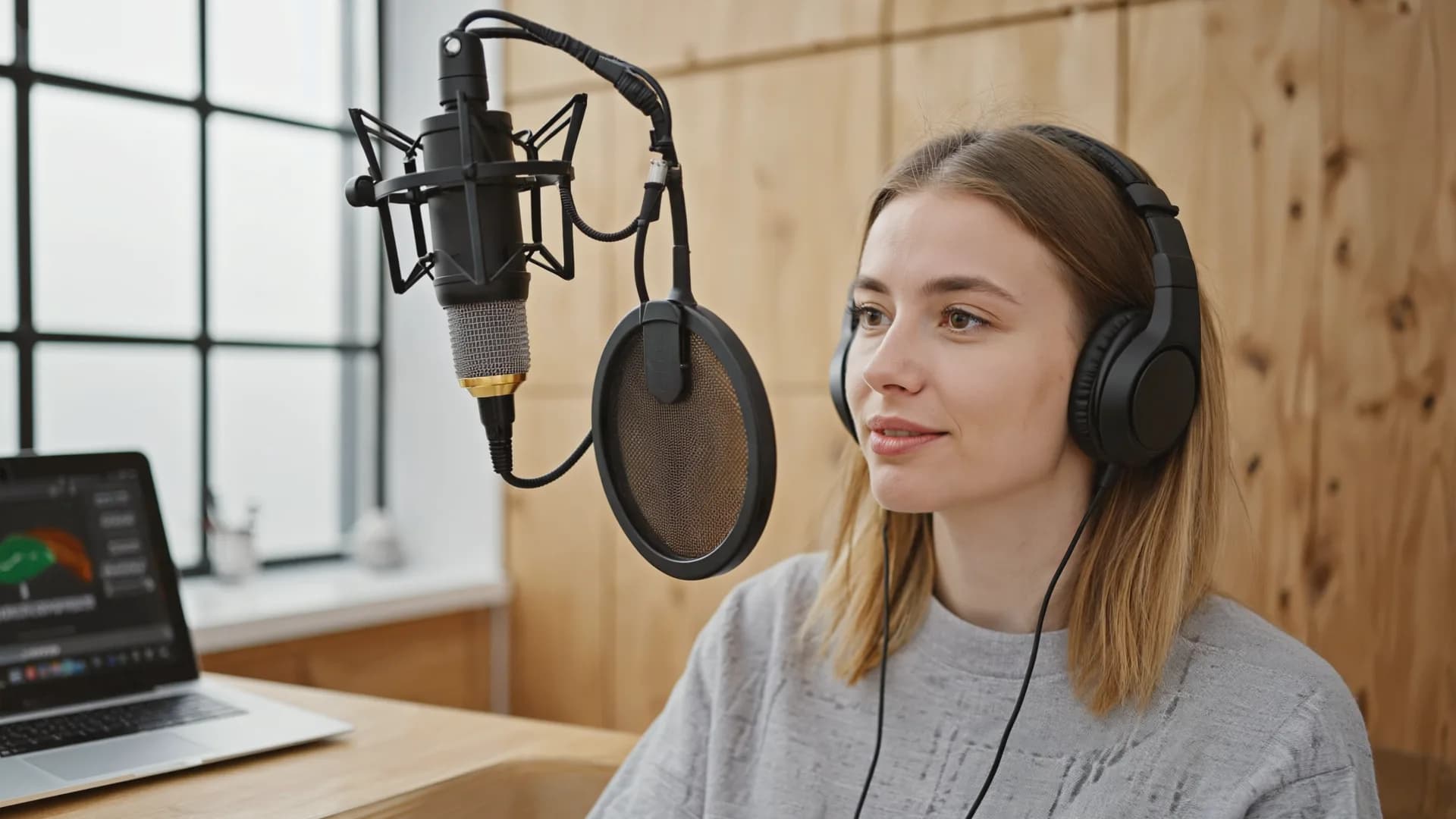 Host recording a podcast with a professional microphone