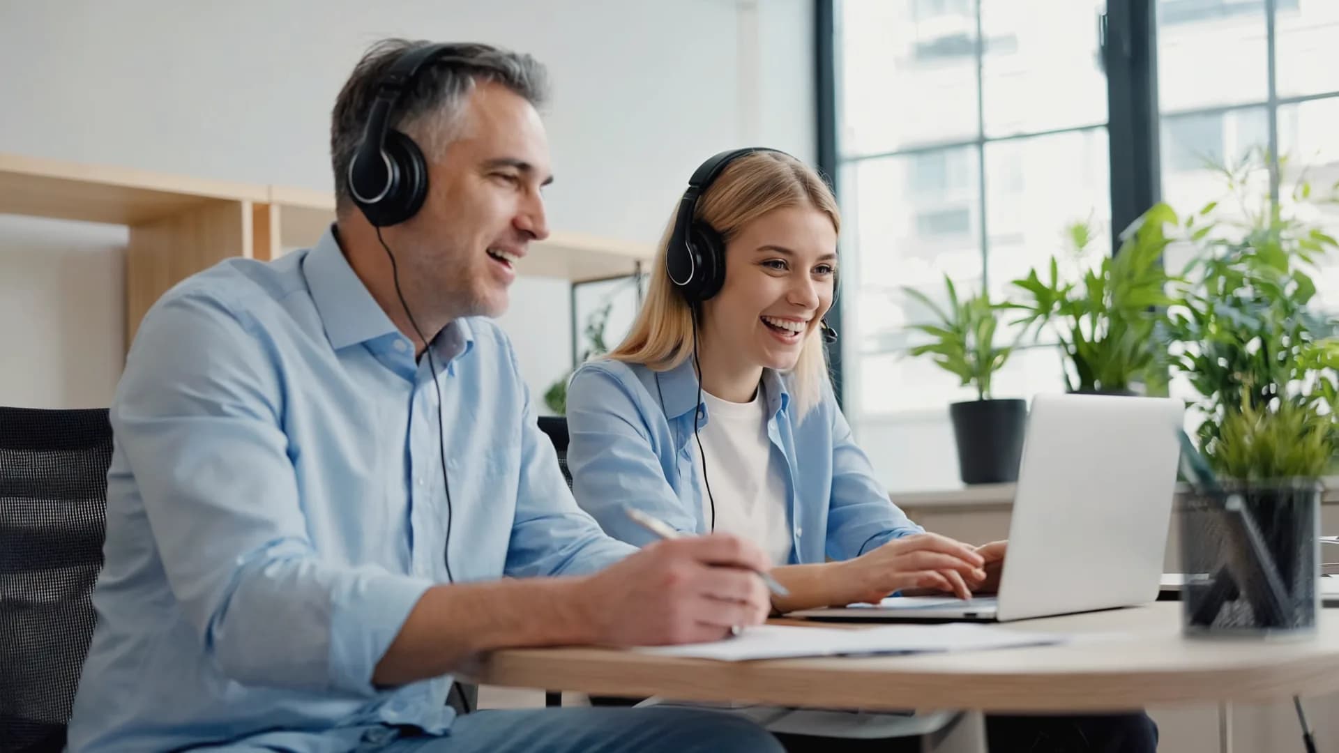 Two colleagues talking on a video call, each with their own camera