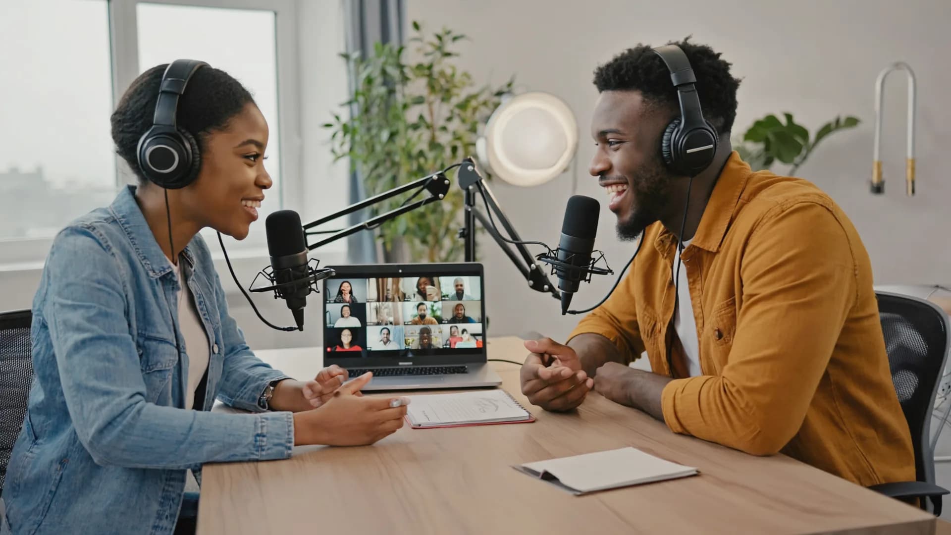 Two people talking live, each with their own microphone