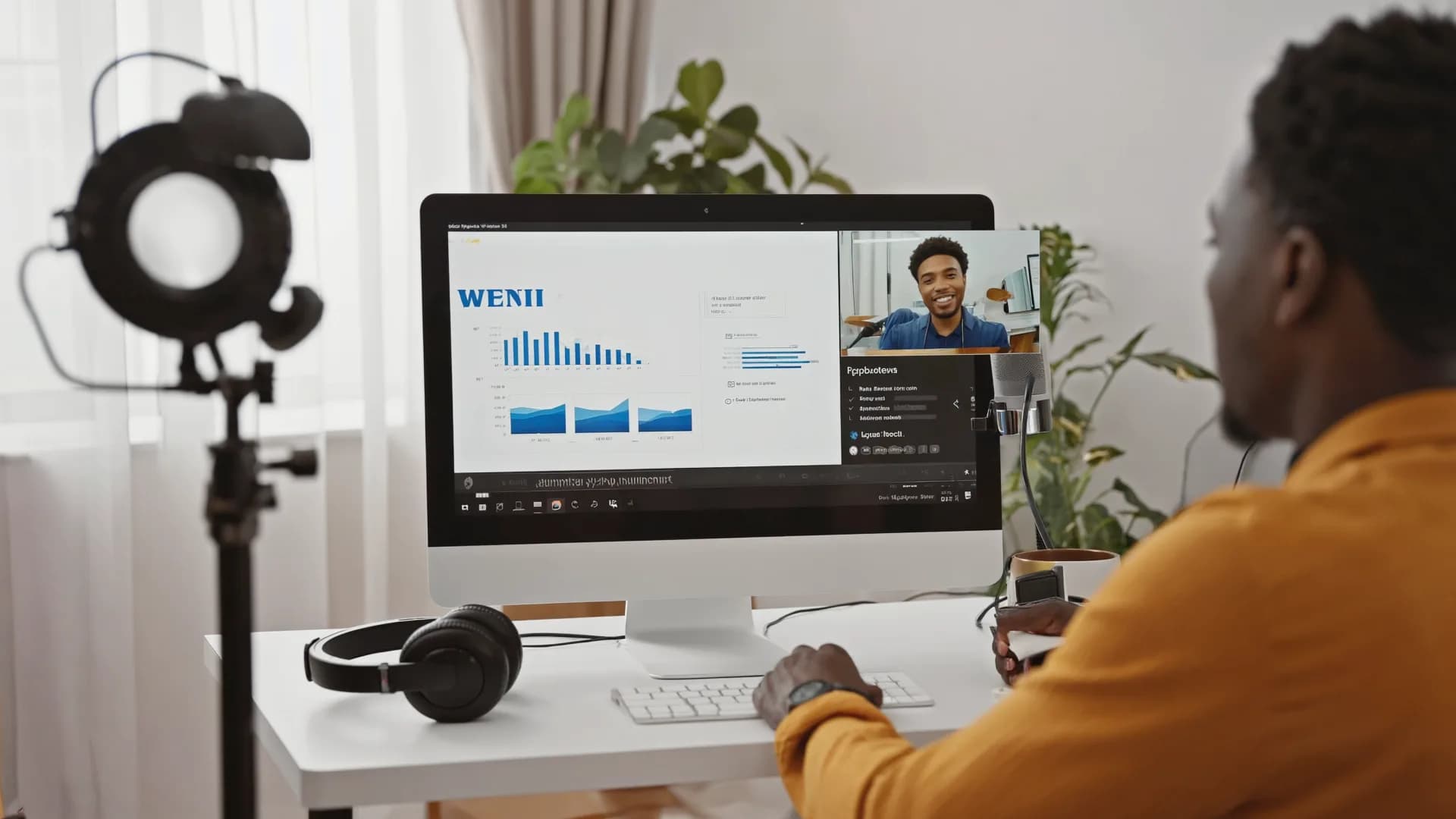 Person sharing a presentation with charts on screen, with their camera in a corner