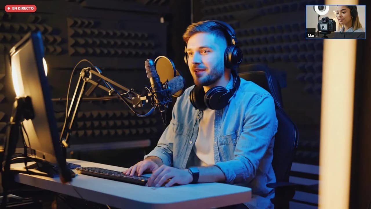 Live session with a guest connected in a thumbnail, both with a microphone